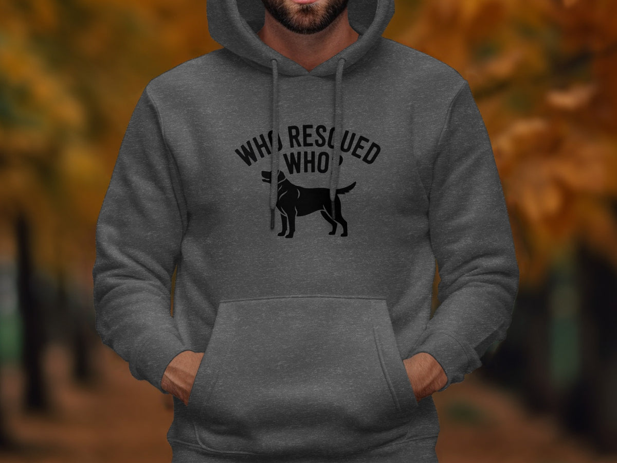 Dark gray hoodie with "Who Rescued Who" and dog silhouette print.