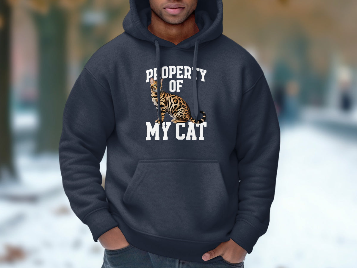 Dark hoodie with "Property of My Cat" text and a Bengal cat graphic.