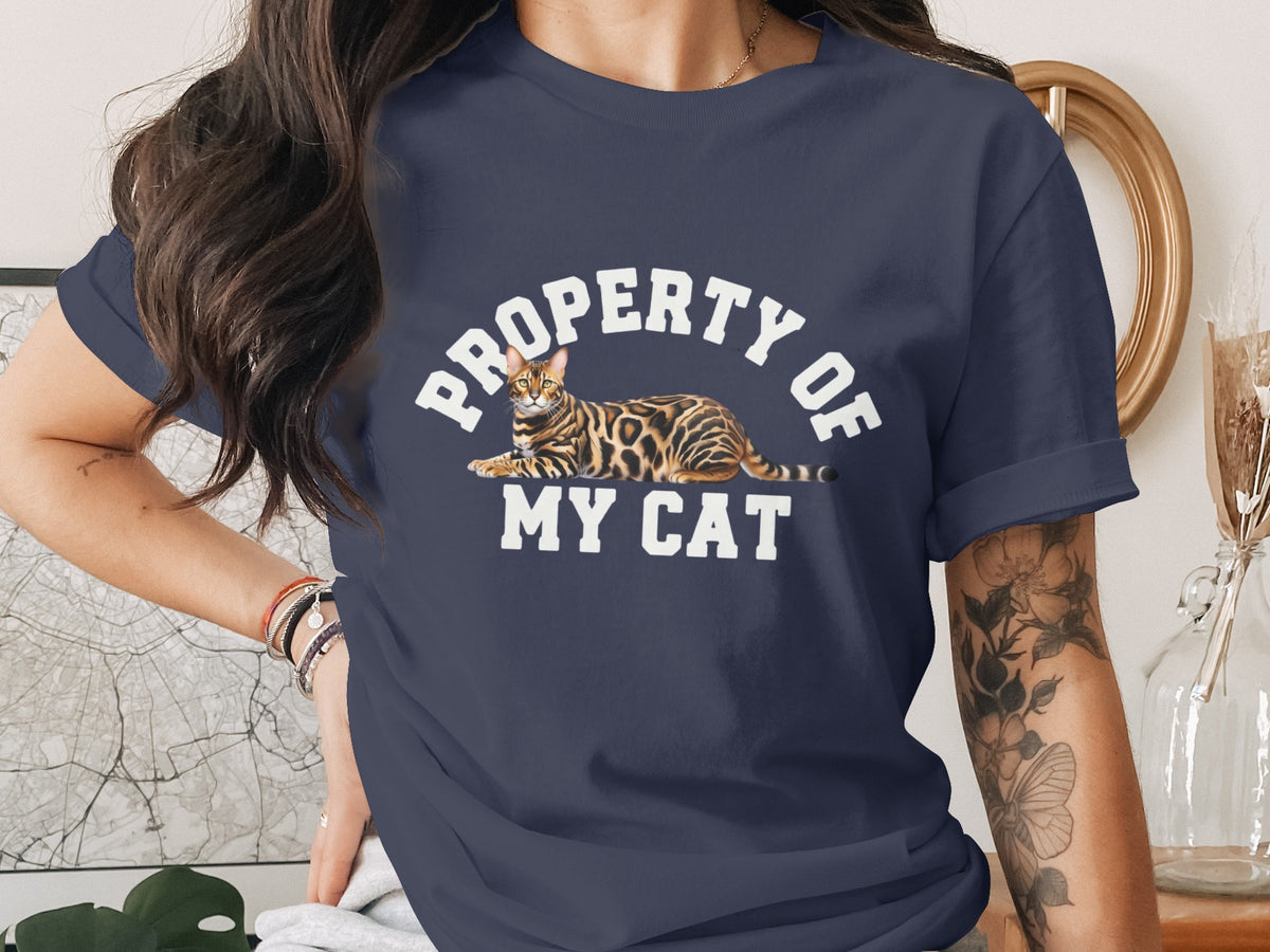 Navy t-shirt with "PROPERTY OF MY CAT" text and a Bengal cat graphic.