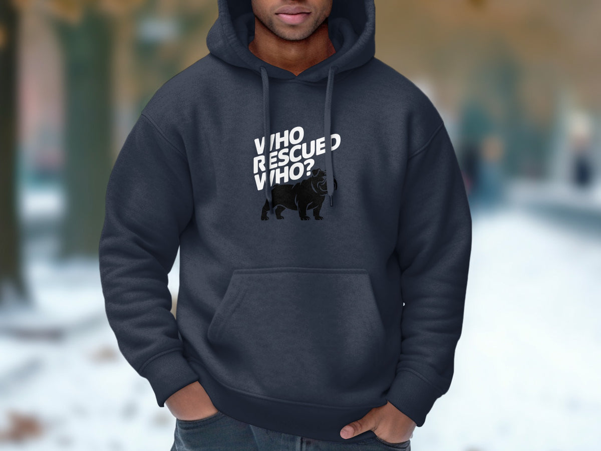Dark grey hoodie with white text "WHO RESCUED WHO?" and a black bulldog graphic.