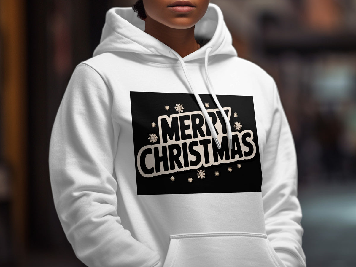 White hoodie with a black graphic featuring "Merry Christmas" and snowflakes.
