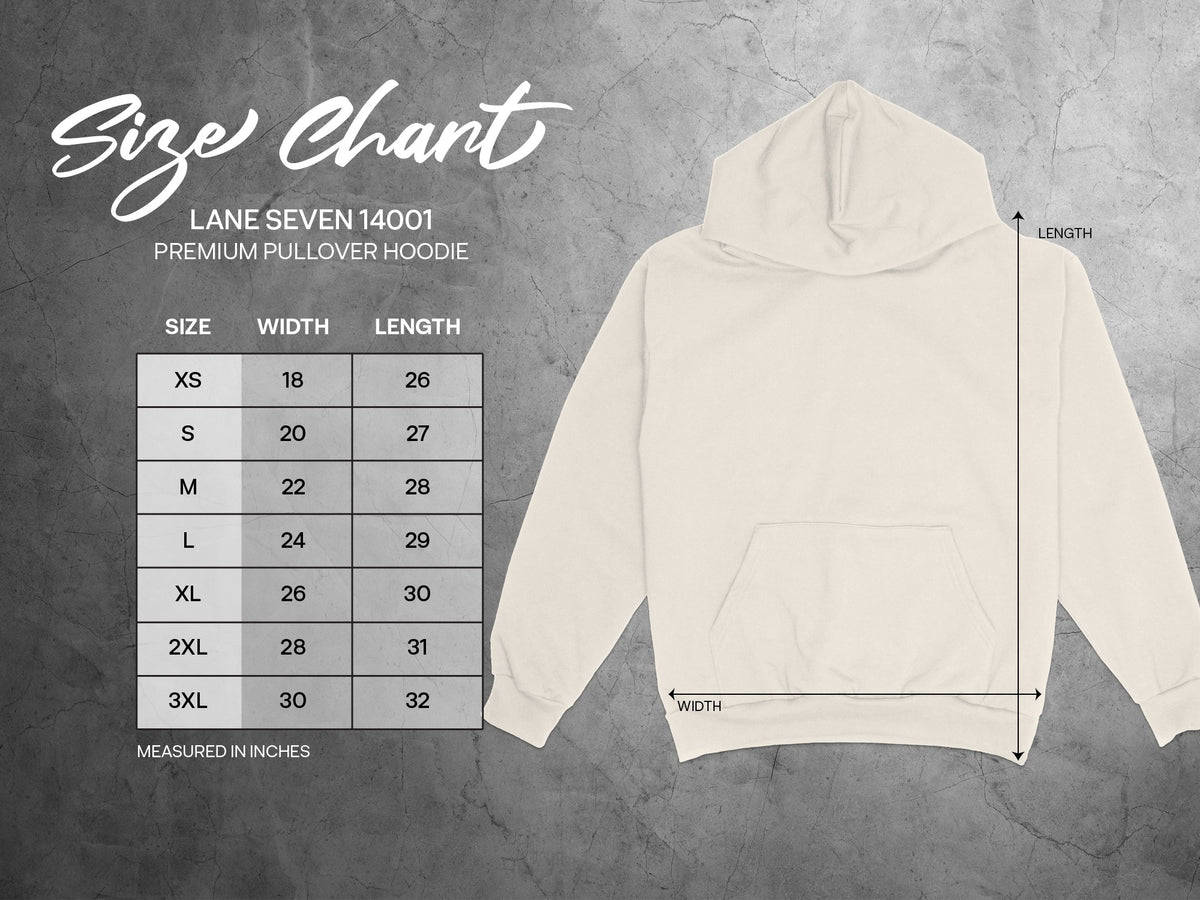 Lane Seven 14001 Premium Pullover Hoodie size chart with width and length measurements.