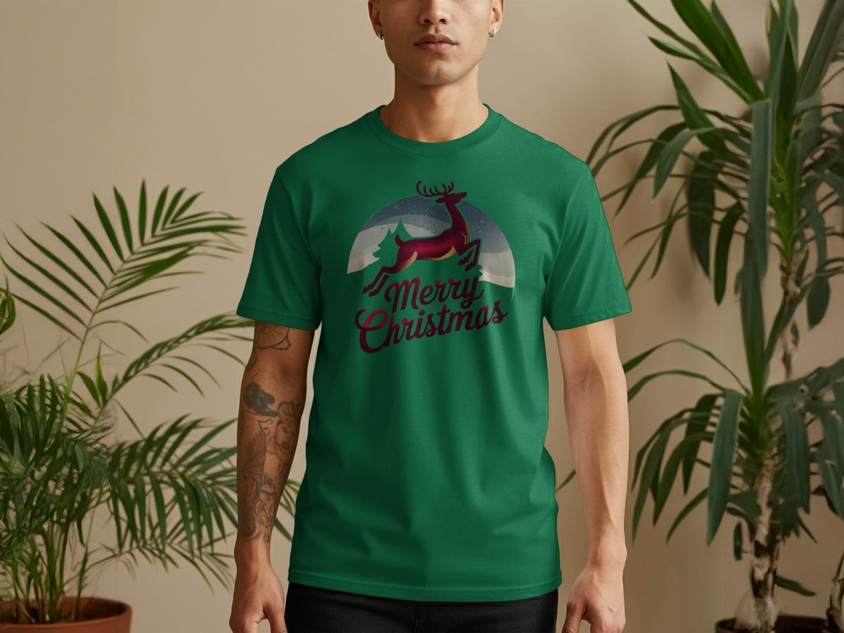 Green t-shirt with a jumping reindeer and "Merry Christmas" text design.