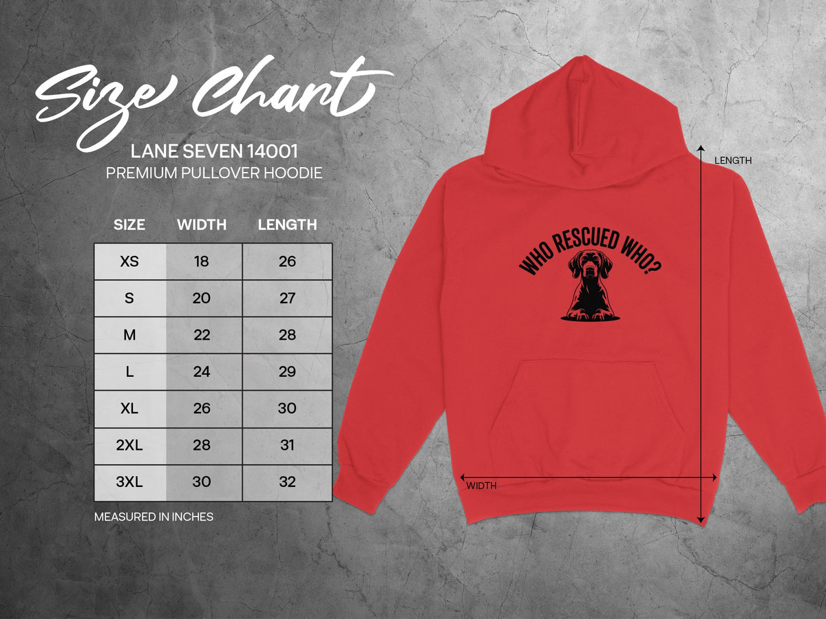 Size chart for red Lane Seven 14001 pullover hoodie with dog graphic.