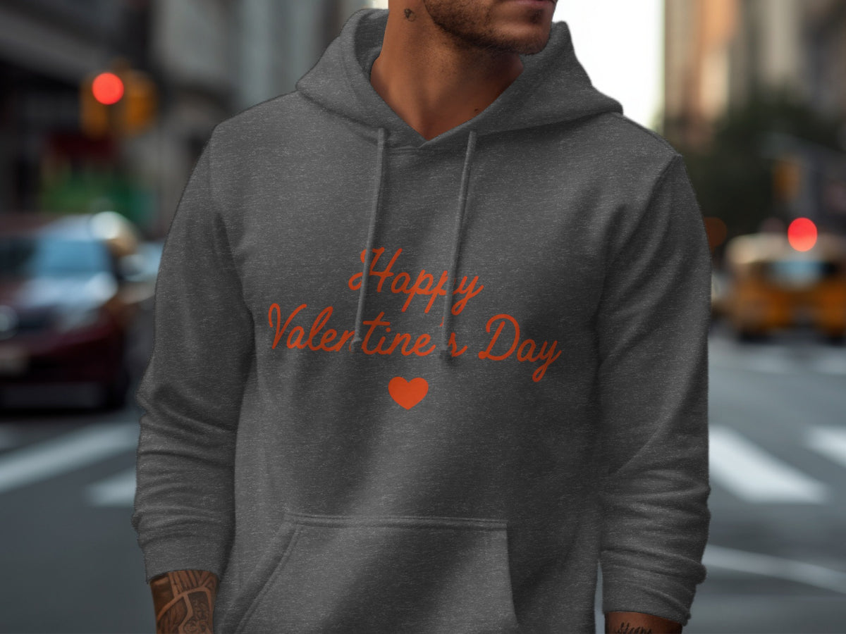 Dark grey hoodie with "Happy Valentine's Day" text and heart graphic.