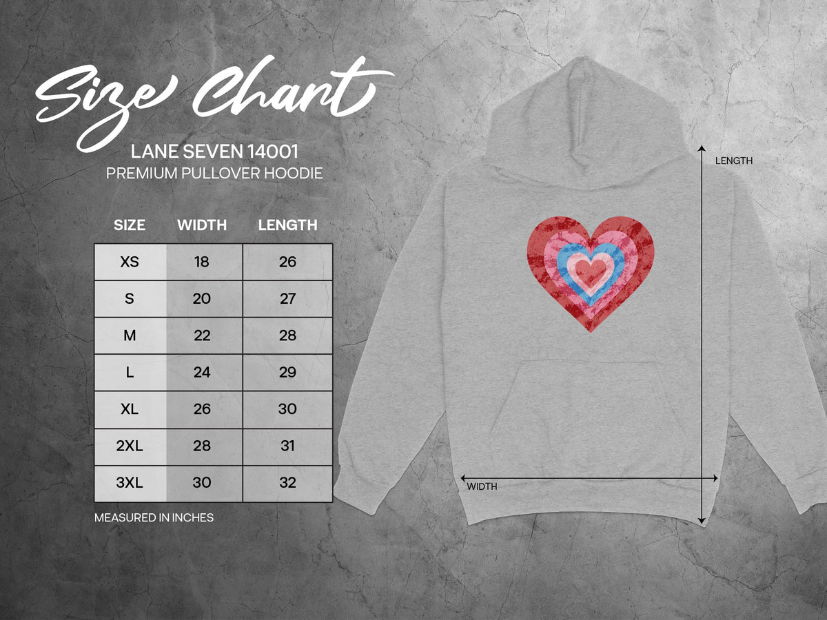 Lane Seven 14001 premium pullover hoodie size chart with width and length measurements.