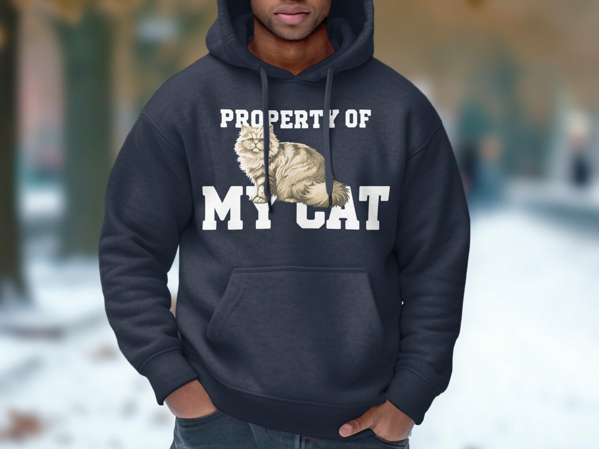 Dark blue hoodie with "Property of My Cat" and a cat illustration.