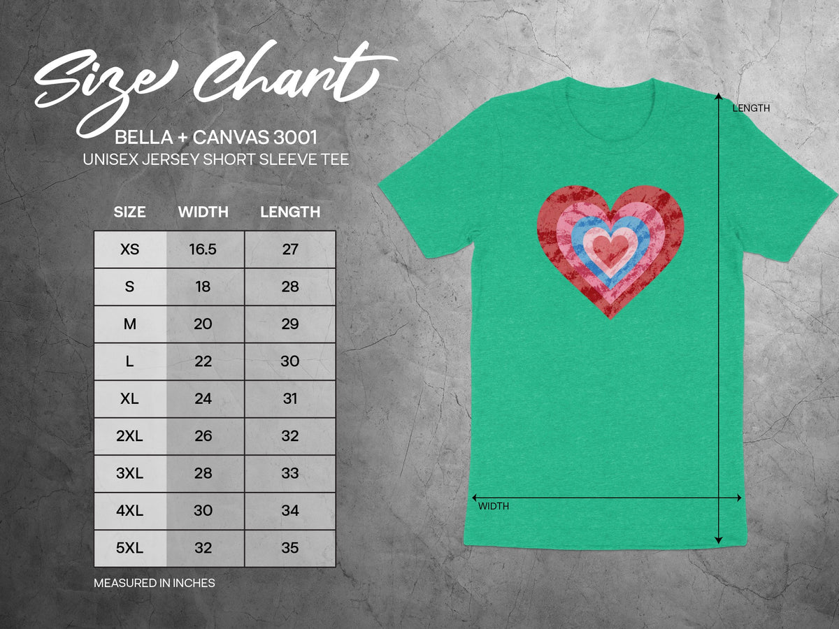 Bella + Canvas 3001 size chart for unisex jersey short sleeve tee with heart graphic.
