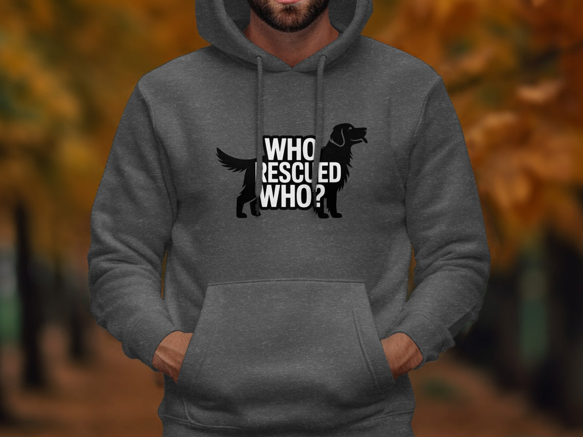 Dark grey hoodie with black silhouette of a dog and text "WHO RESCUED WHO?".