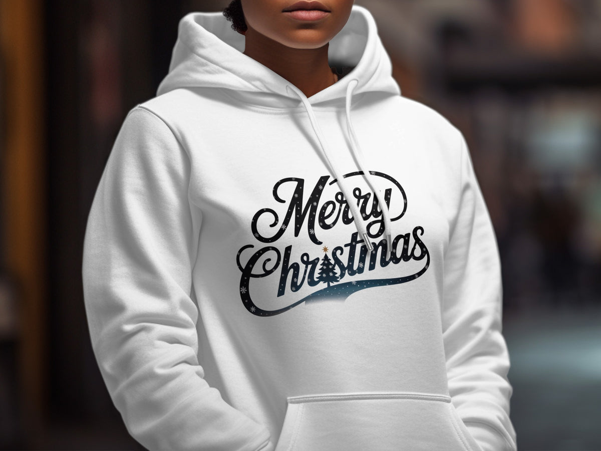 White hoodie with "Merry Christmas" text and festive design.