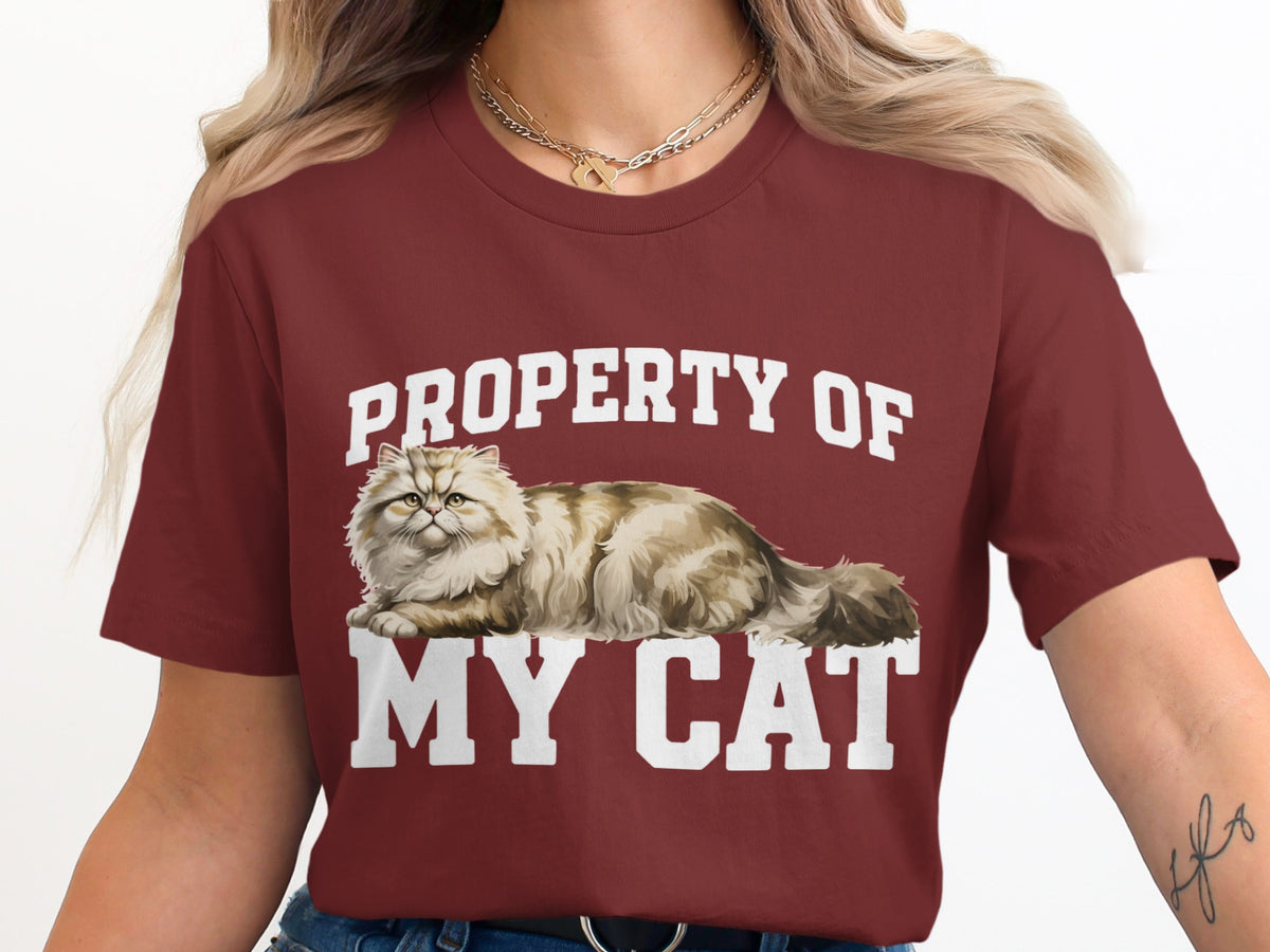 Maroon t-shirt with "PROPERTY OF MY CAT" text and a Persian cat graphic.