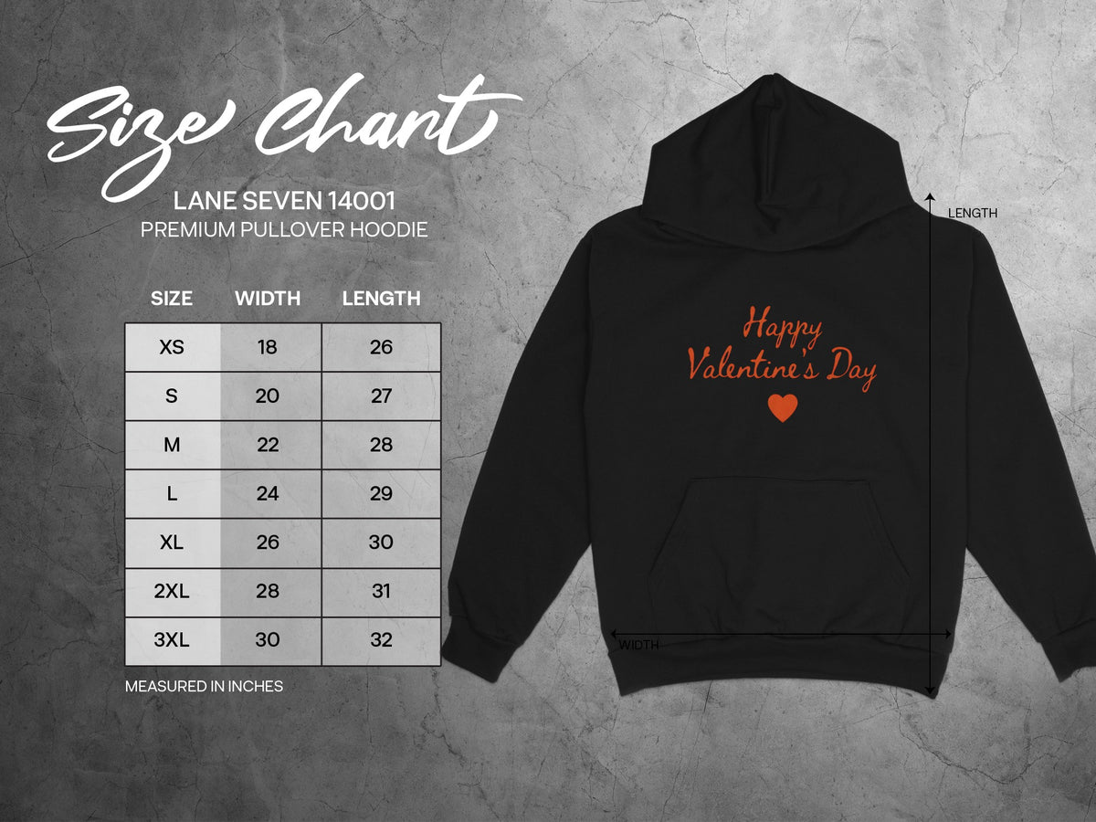 Lane Seven 14001 premium pullover hoodie size chart with measurements.
