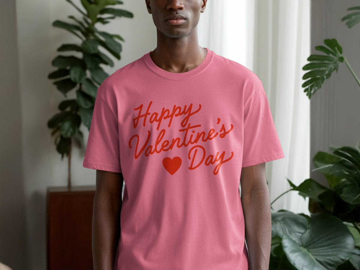Pink t-shirt with red "Happy Valentine's Day" text and a heart.