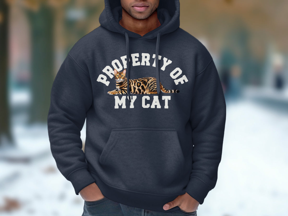 Dark blue hoodie with "Property Of My Cat" text and Bengal cat graphic.