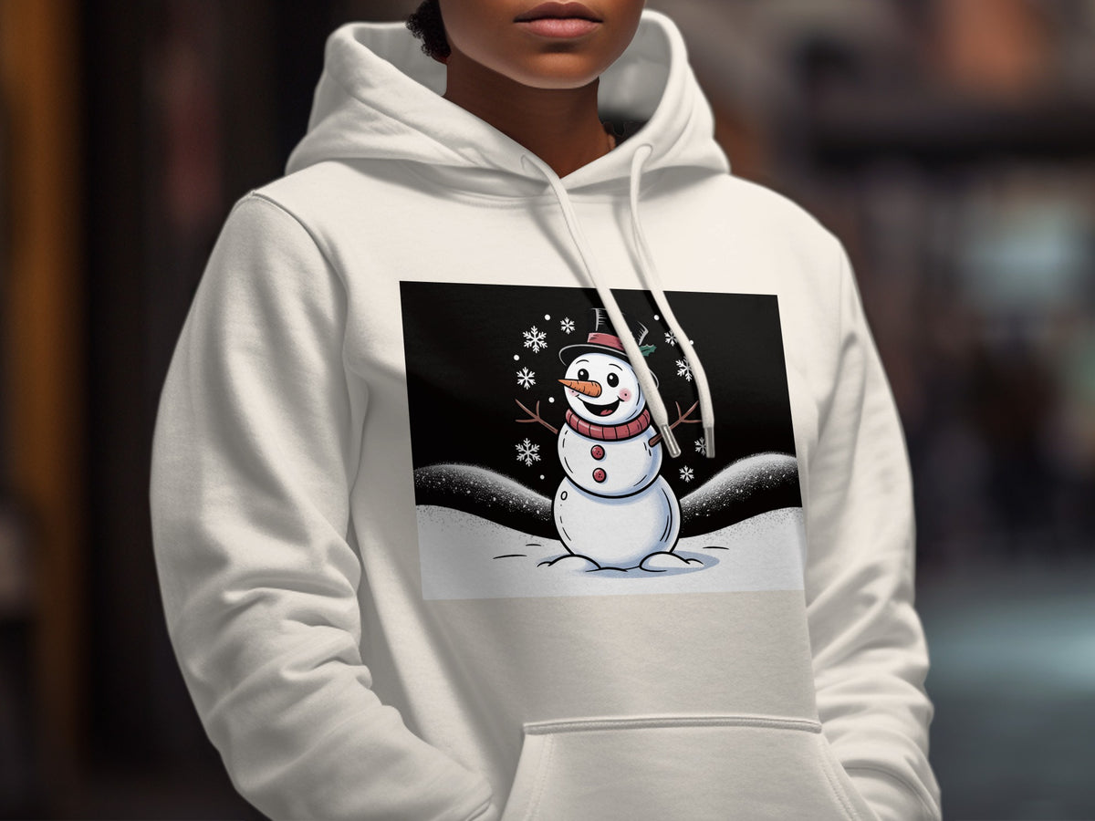 White hoodie with a cartoon snowman and snowflakes graphic on the front.