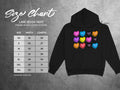 Lane Seven 14001 premium pullover hoodie size chart with width and length in inches.