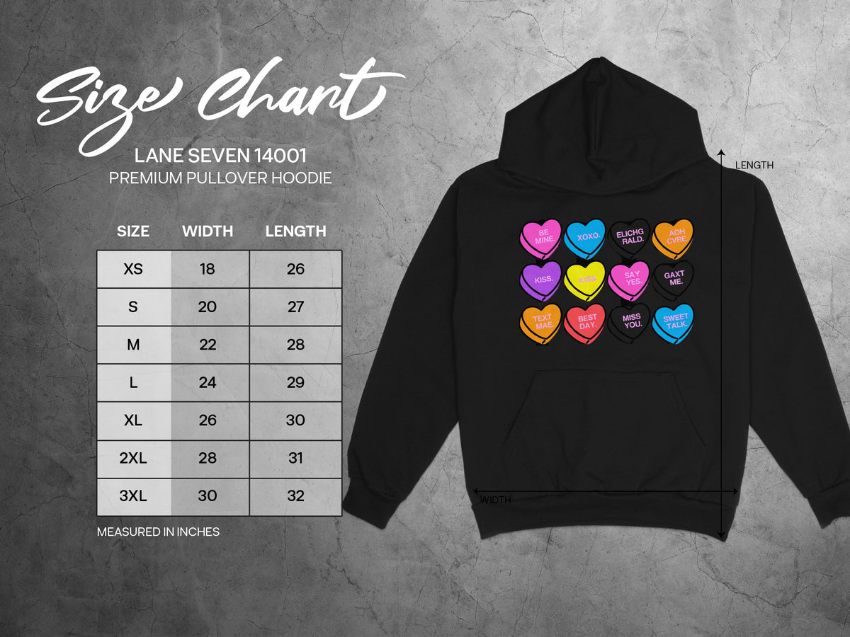 Lane Seven 14001 premium pullover hoodie size chart with width and length in inches.