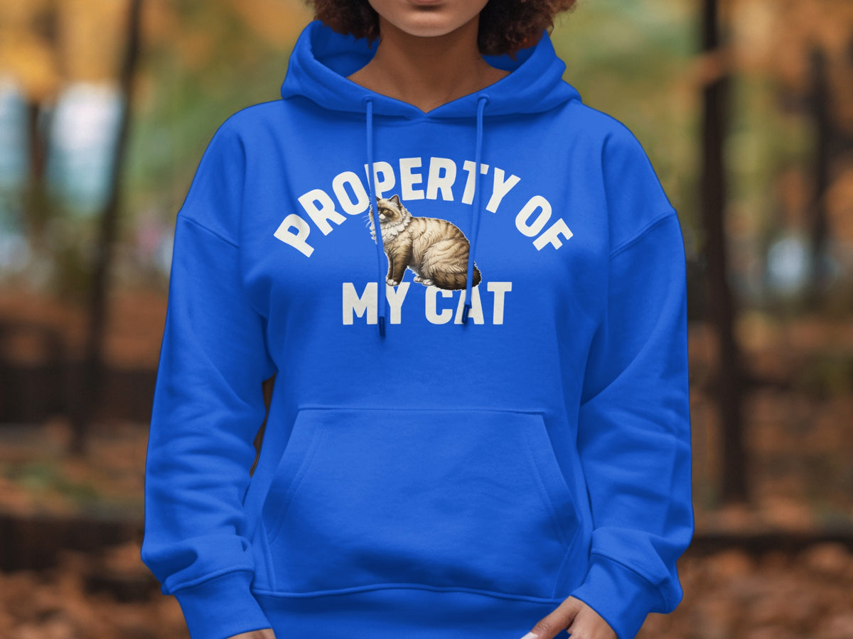 Blue hoodie with "Property of my cat" text and a cat illustration.