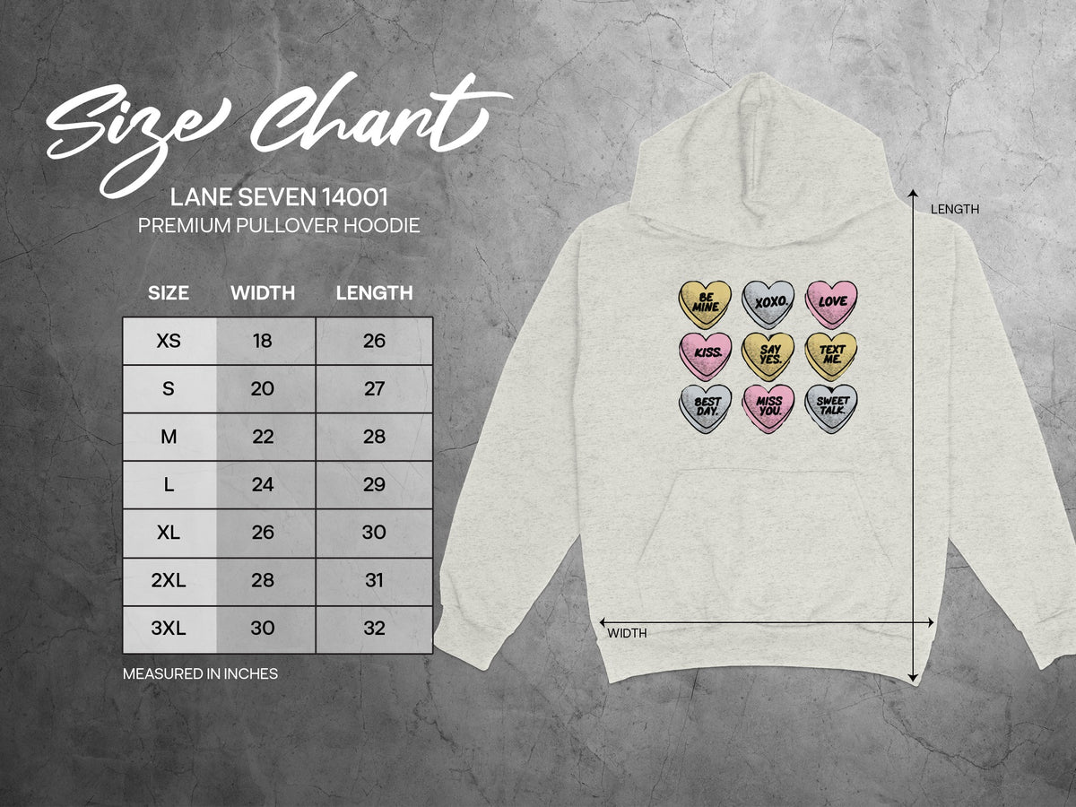 Lane Seven 14001 hoodie size chart with measurements for width and length.