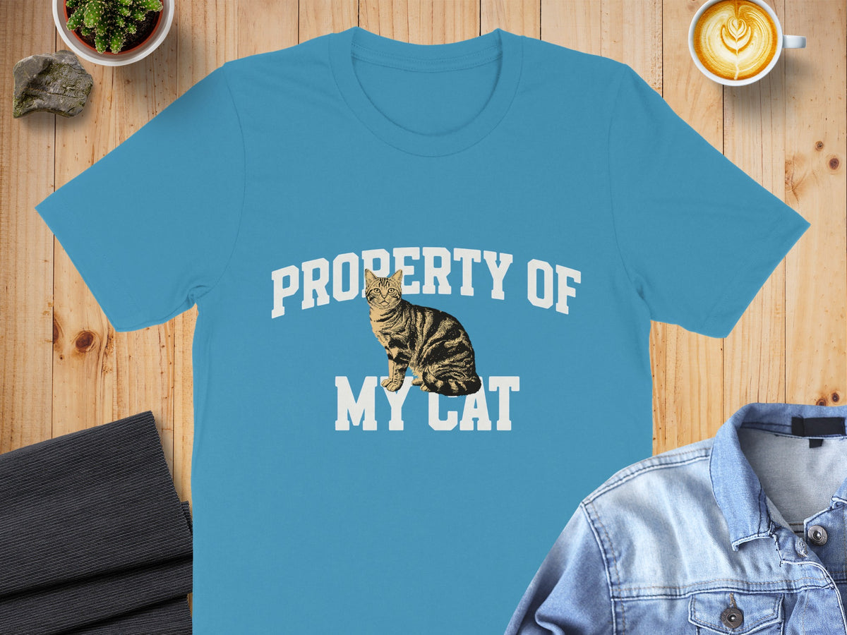 Blue t-shirt with "PROPERTY OF MY CAT" text and a tabby cat graphic.