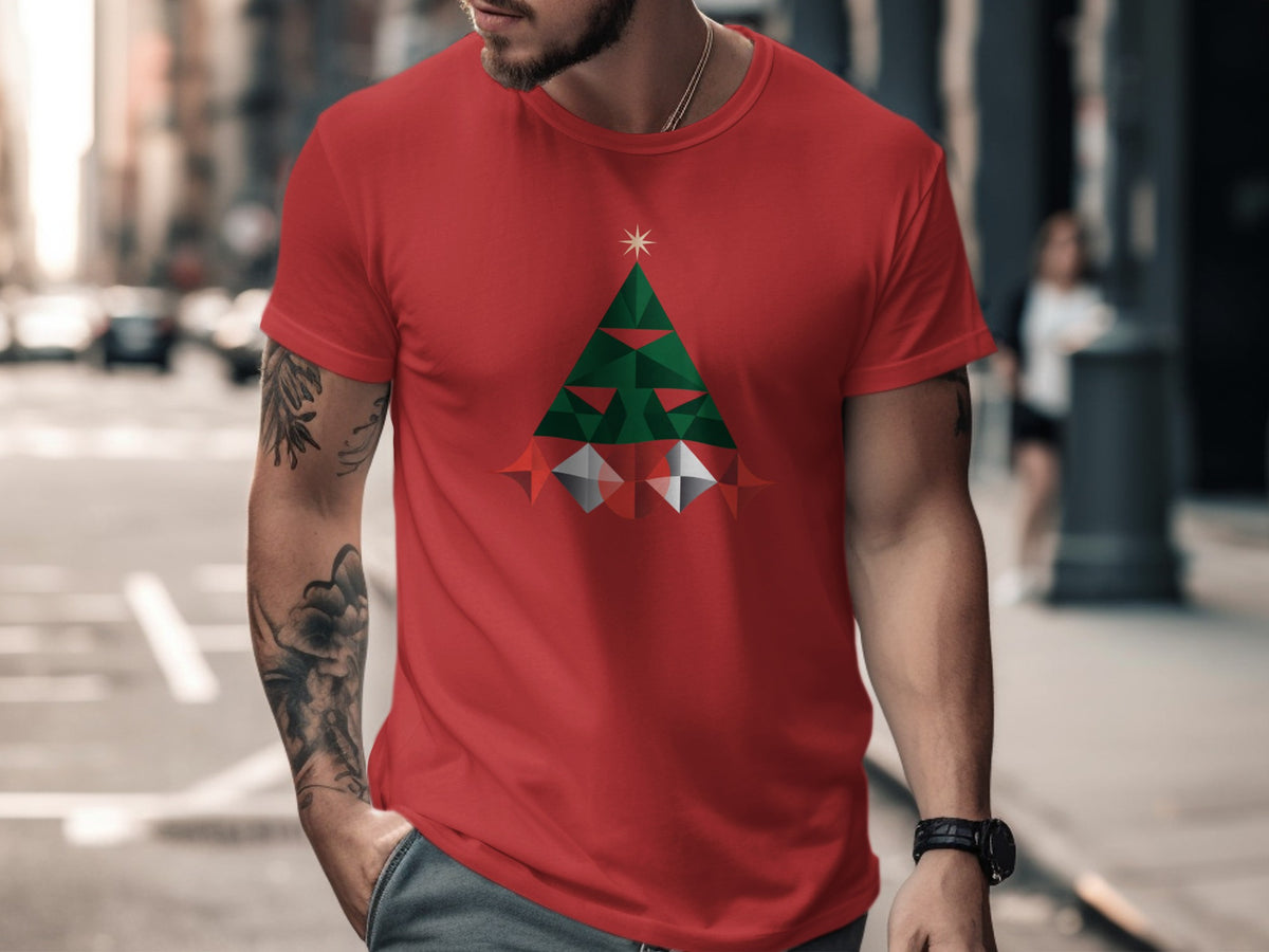 Red t-shirt with abstract geometric Christmas tree design and star.