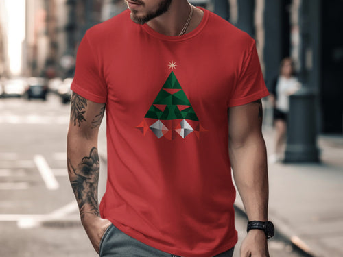 Red t-shirt with abstract geometric Christmas tree design and star.