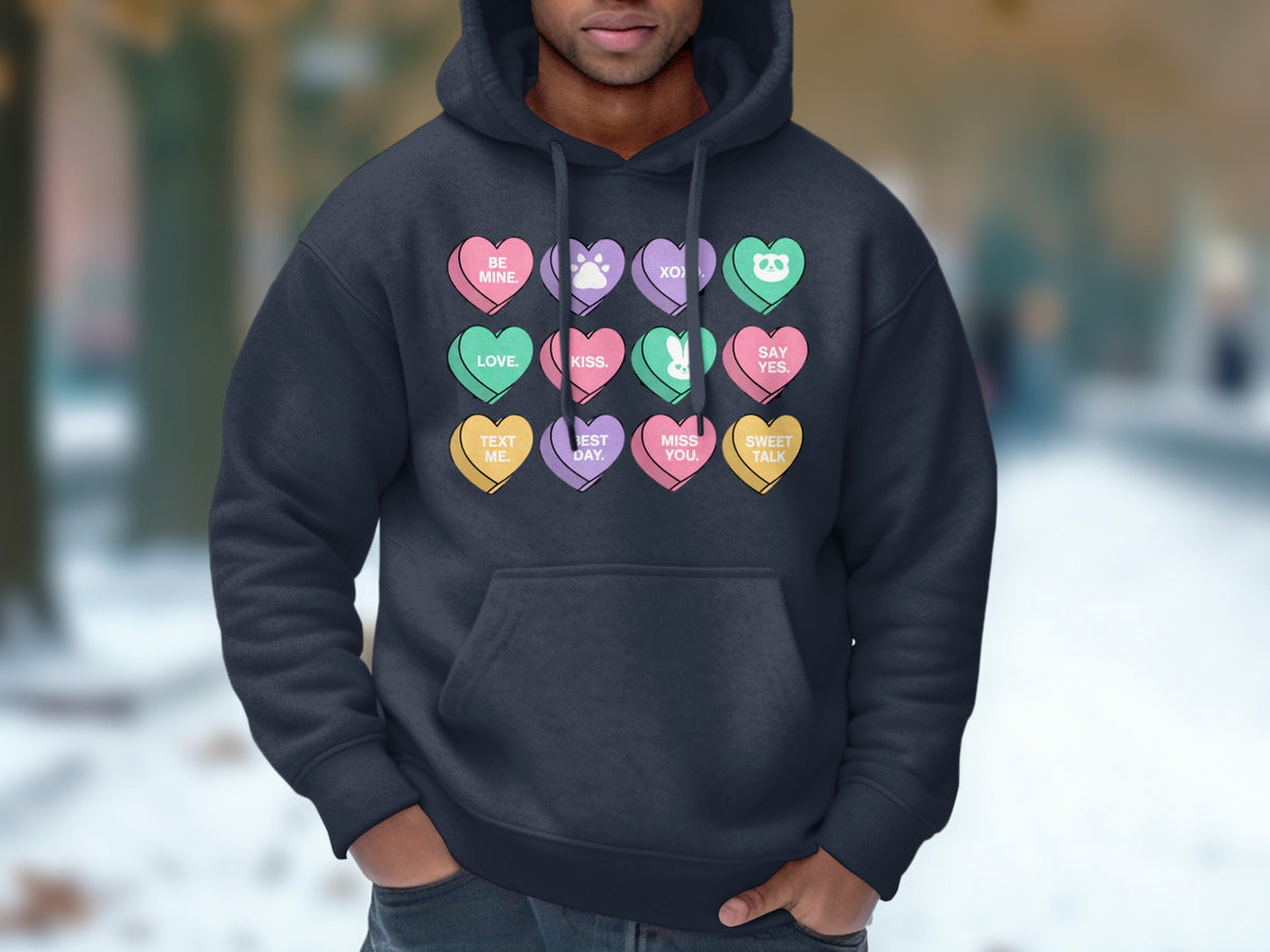 Dark blue hoodie with candy hearts featuring text and icons, including "Be Mine" and "Love".