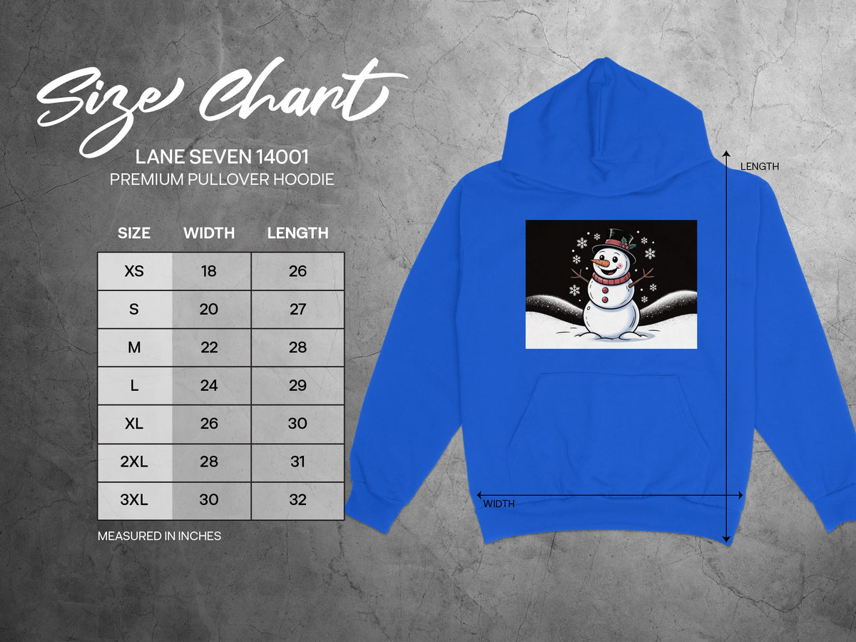 Size chart for Lane Seven 14001 Premium Pullover Hoodie with snowman graphic.