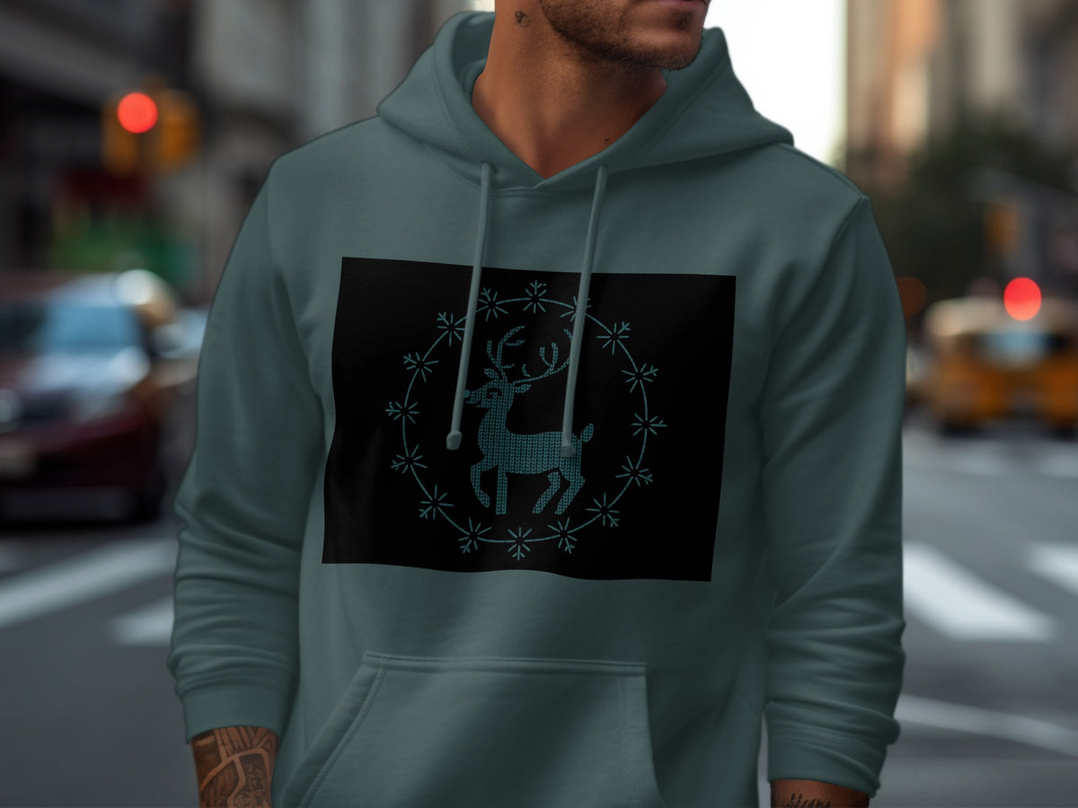 Teal hoodie with a dark rectangle featuring a blue knitted reindeer and snowflake circle.