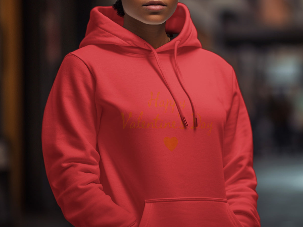 Red hoodie with "Happy Valentine's Day" text and a heart graphic.