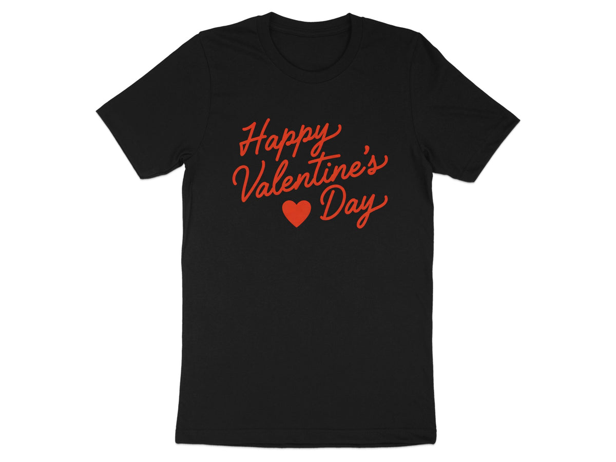 Black t-shirt with red "Happy Valentine's Day" text and heart.