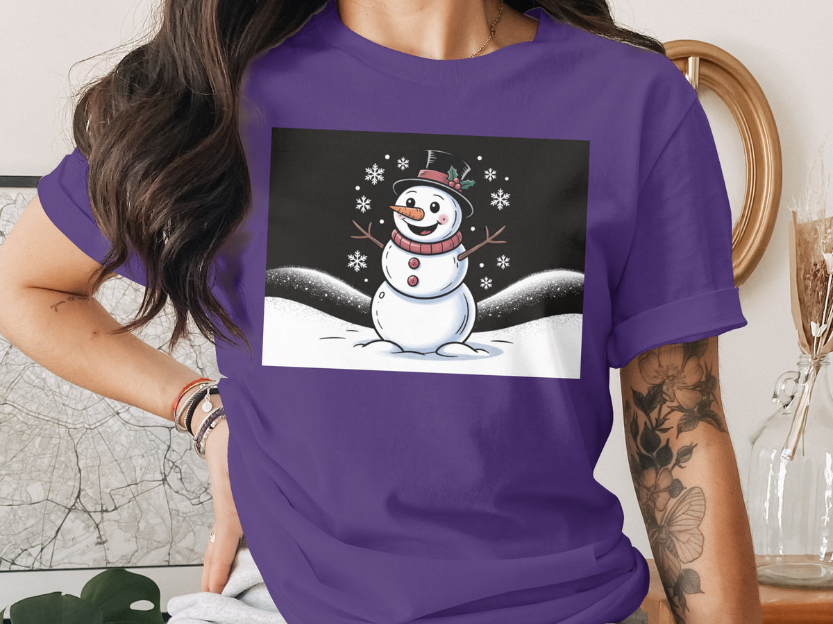 Purple t-shirt with a cartoon snowman graphic wearing a top hat and scarf.