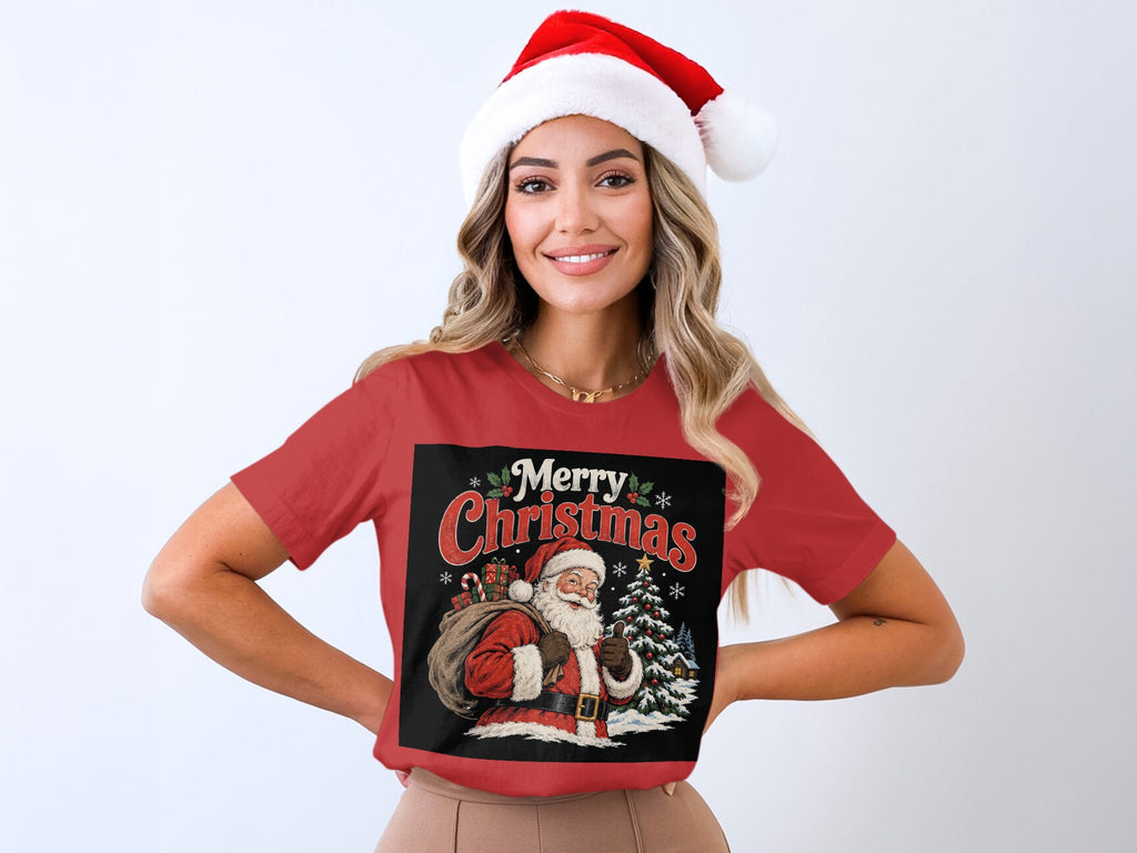 Red t-shirt with Santa Claus, Christmas tree, presents, and "Merry Christmas" text.