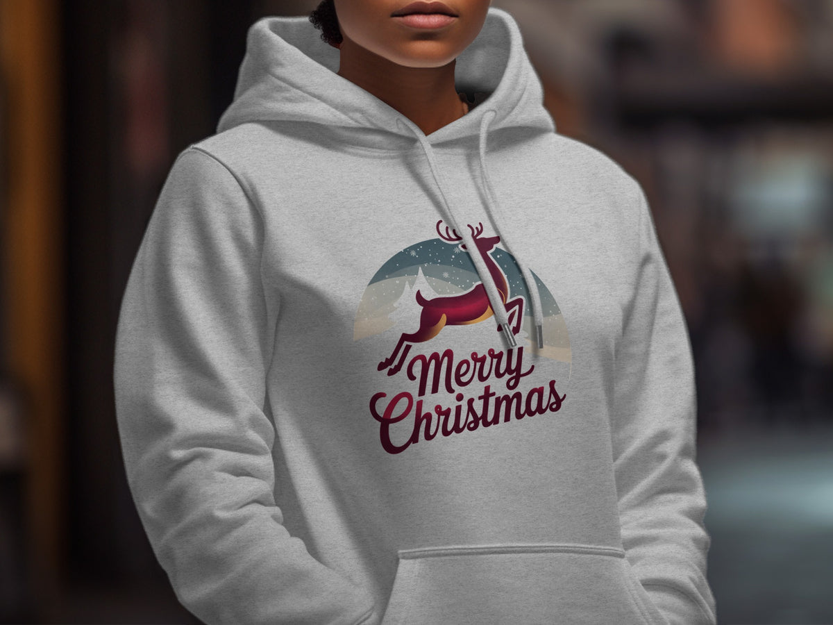 Grey hoodie with a Christmas graphic of a reindeer and "Merry Christmas" text.