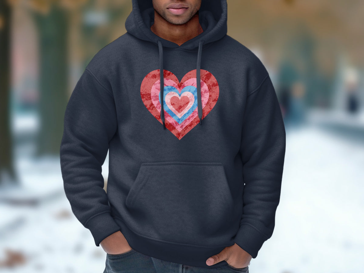 Dark gray hoodie with concentric hearts graphic in red, pink, and blue.