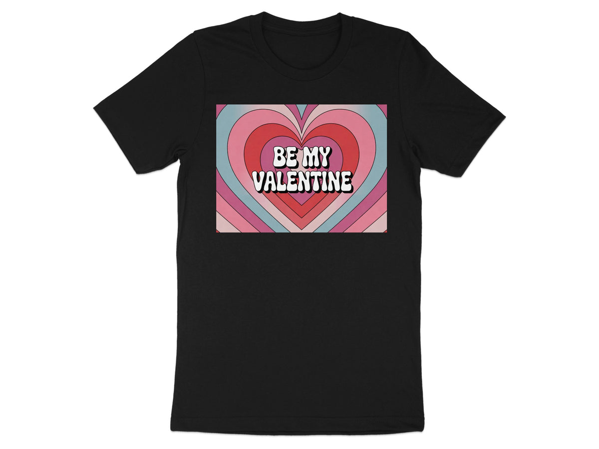 Black t-shirt with colorful retro heart graphic and text "BE MY VALENTINE".