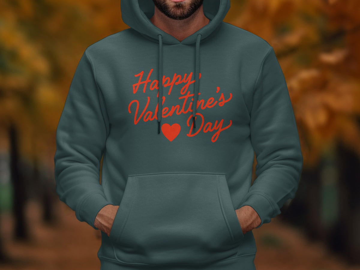 Dark teal hoodie with red "Happy Valentine's Day" text and a heart.