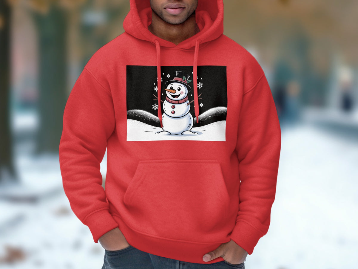 Red hoodie with a black graphic of a snowman in the snow.