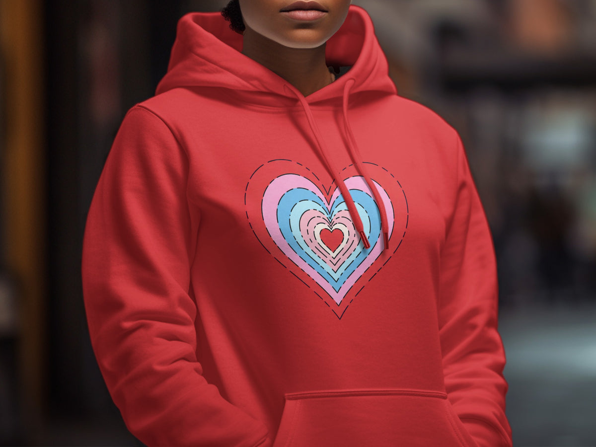 Red hoodie with a heart design in transgender flag colors.