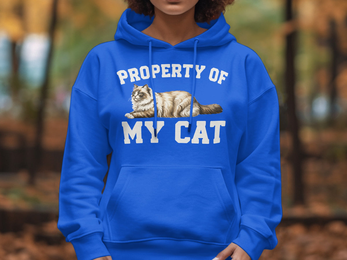 Blue hoodie with "PROPERTY OF MY CAT" and a cat illustration.