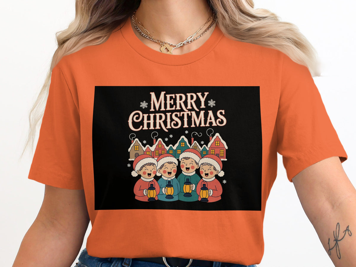 Orange t-shirt with "Merry Christmas" text and cartoon carolers.