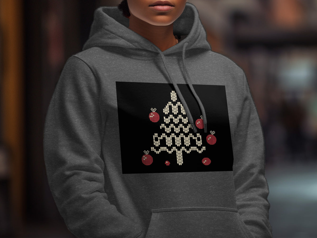 Dark grey hoodie with a black square featuring a knitted Christmas tree and ornaments.