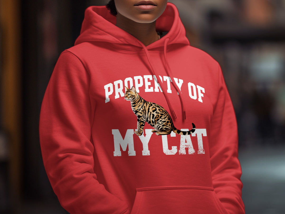 Red hoodie with "Property of My Cat" text and a Bengal cat graphic.