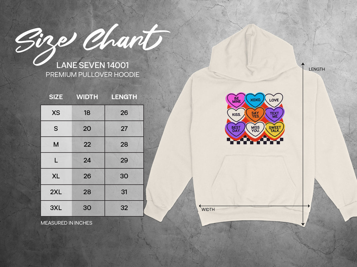 Lane Seven 14001 hoodie size chart with width and length measurements in inches.