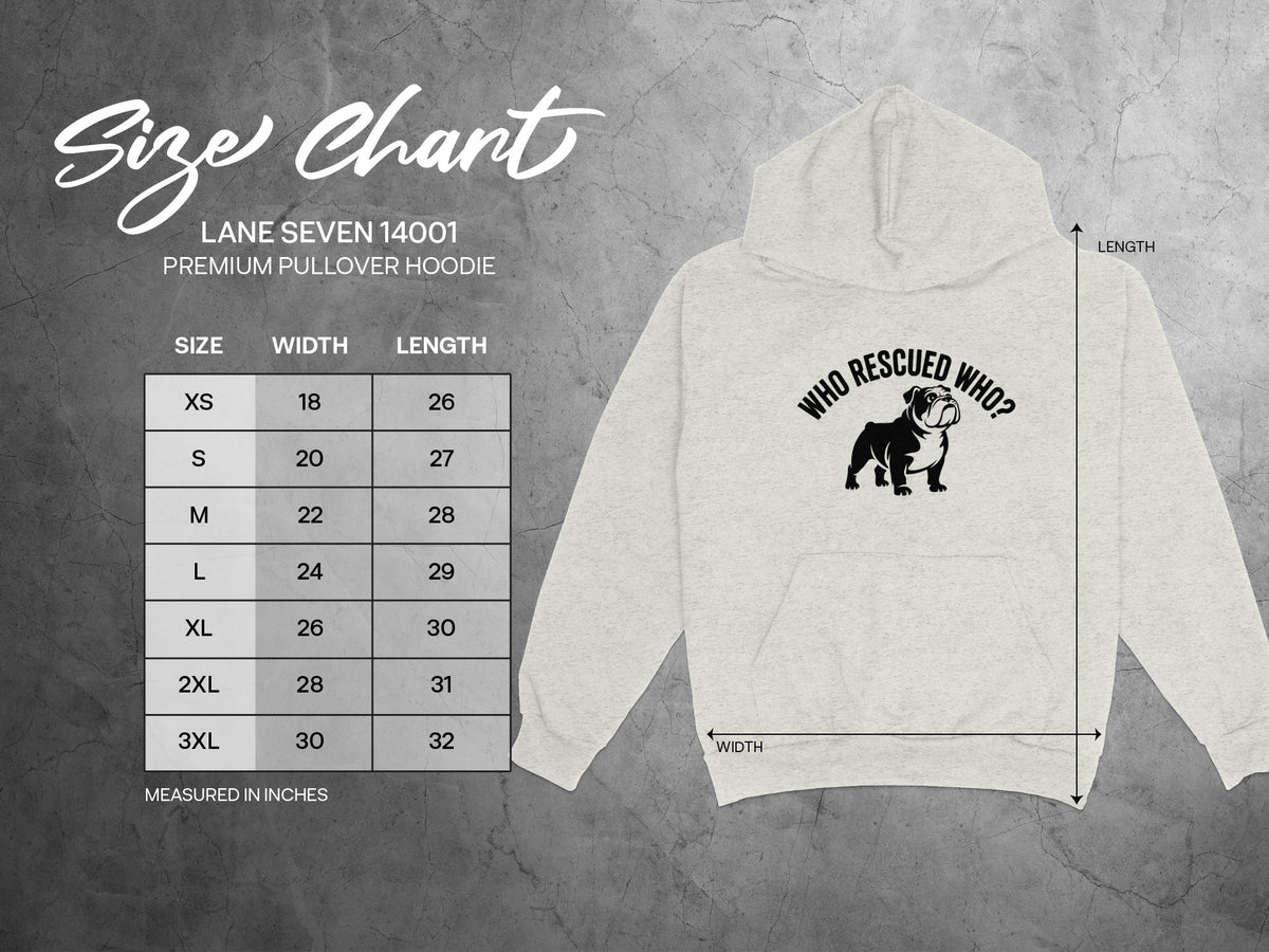Lane Seven 14001 hoodie size chart with width and length measurements in inches.
