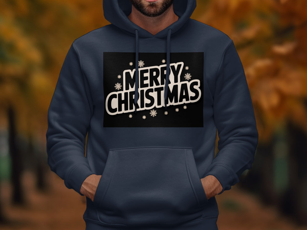 Navy blue hoodie with "Merry Christmas" text and snowflakes design.
