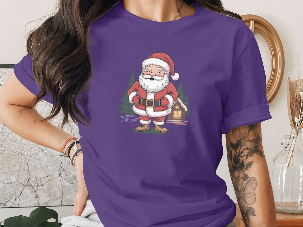 Purple t-shirt featuring a cartoon Santa Claus and a snow-covered house.