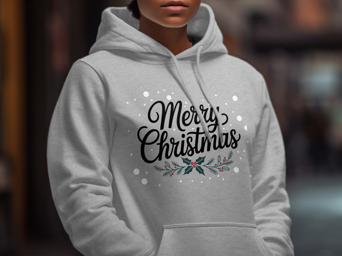 Gray hoodie with "Merry Christmas" text and festive holiday design.