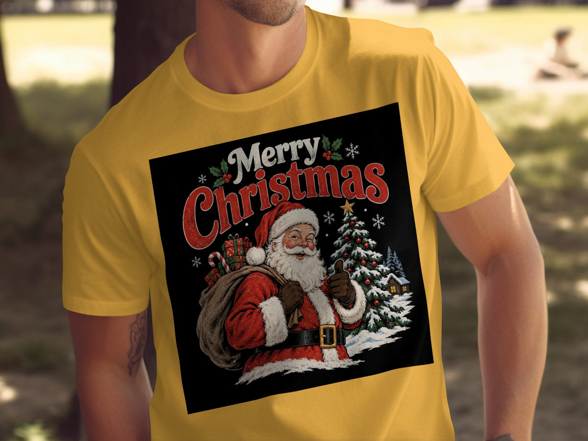 Merry Christmas graphic with Santa, gifts, and a snowy tree on black.