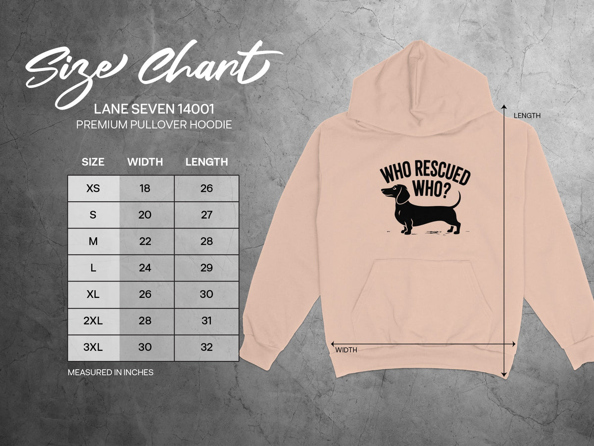 Size chart for Lane Seven 14001 premium pullover hoodie with dachshund graphic.